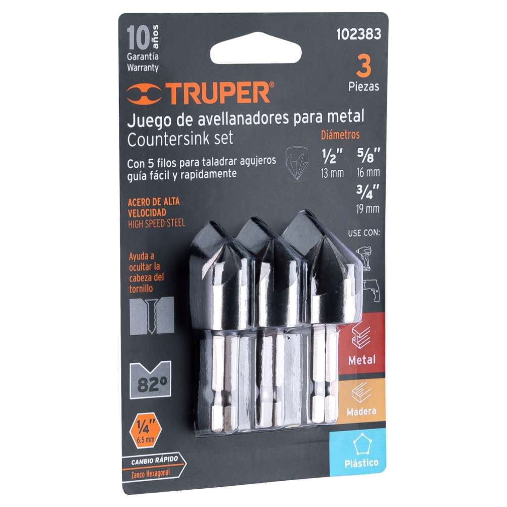 Juego de Brocas Avellanadoras HSS 1/4" Hex para Madera,Metal y Plástico 3 Piezas Truper 102383